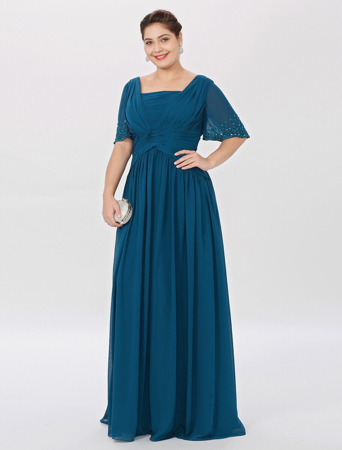 wholesale   Ball Gown A-Line Mother of the Bride Dress Formal Classic & Timeless Elegant & Luxurious Plus Size Square Neck Floor Length Chiffon Short Sleeve No with Pleats Beading