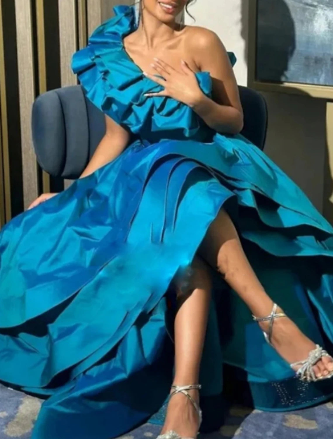 Wholesa A-Line Evening Gown Elegant Dress Red Green Dress Formal Wedding Asymmetrical Sleeveless One Shoulder Satin with Ruffles Slit