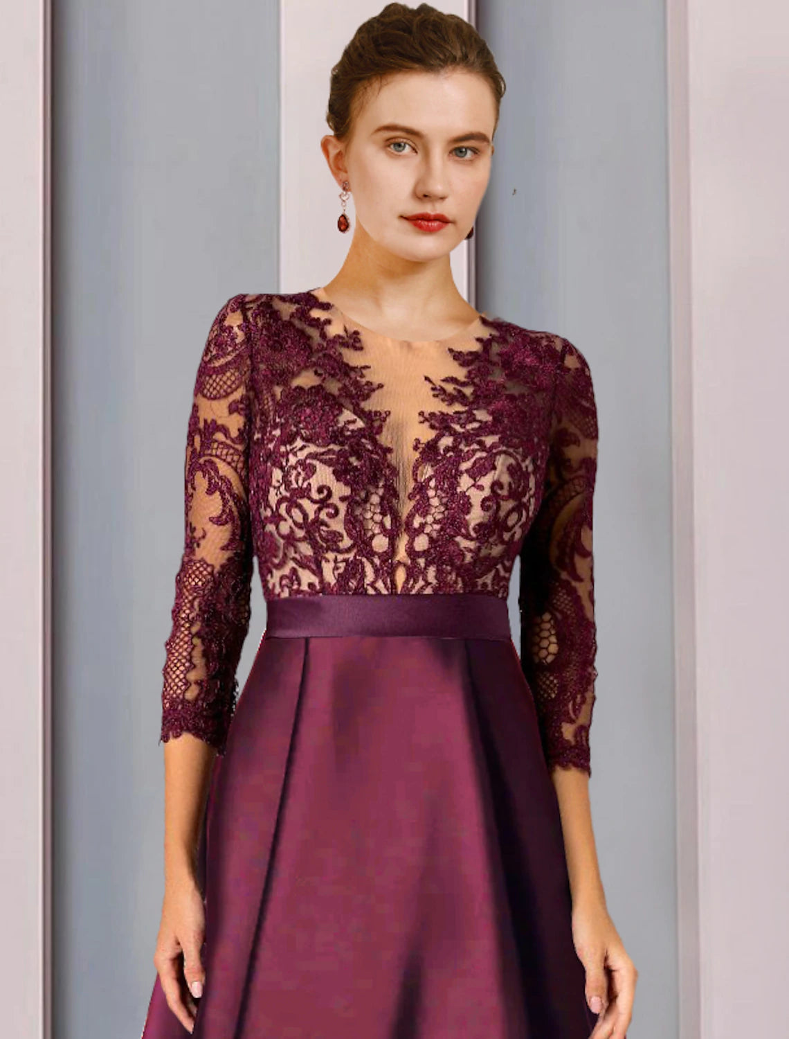 wholesale  A-Line Mother of the Bride Dress Formal Church Elegant High Low Scoop Neck Asymmetrical Tea Length Satin Lace 3/4 Length Sleeve with Appliques