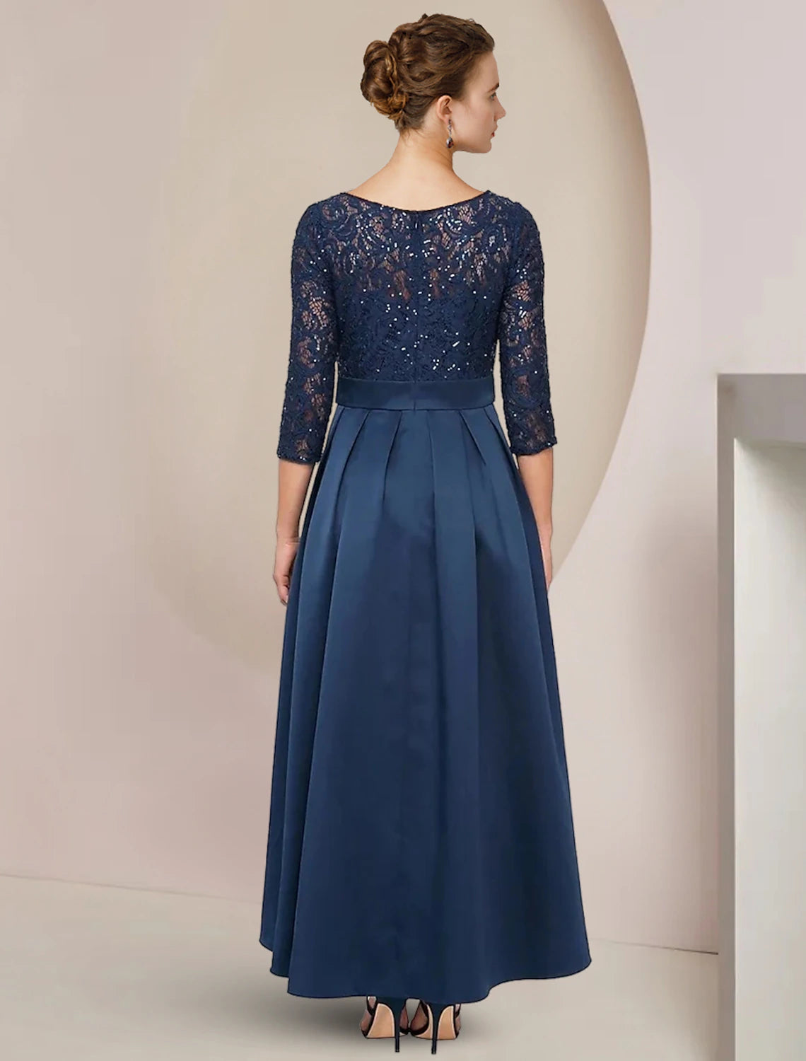 wholesale  A-Line Mother of the Bride Dress Wedding Guest Elegant High Low Scoop Neck Asymmetrical Tea Length Lace Taffeta 3/4 Length Sleeve with Bow(s) Pleats