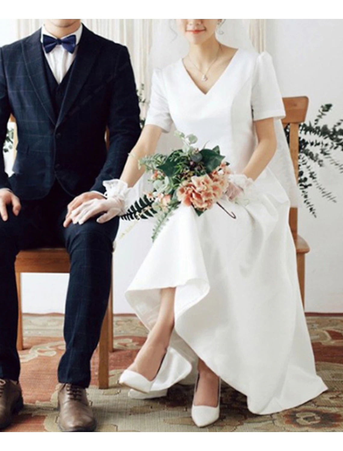 Wholesa Reception Little White Dresses Wedding Dresses A-Line V Neck Short Sleeve Ankle Length Satin Bridal Gowns With Pleats