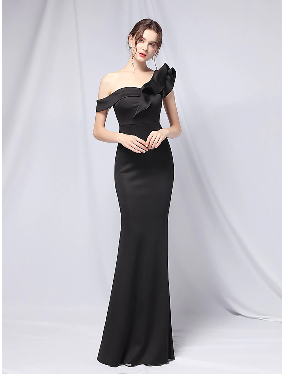 Wholesa Mermaid / Trumpet Evening Gown Empire Dress Wedding Guest Formal Evening Floor Length Short Sleeve One Shoulder Stretch Satin with Ruffles