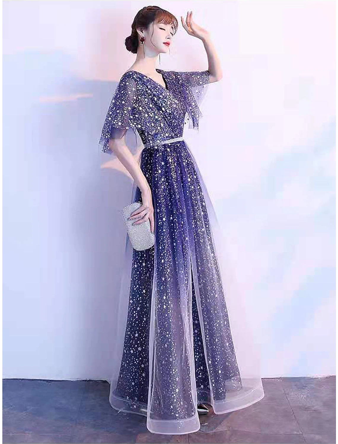 Wholesa A-Line Ombre Prom Birthday Dress V Neck Short Sleeve Floor Length Tulle with Sash / Ribbon Crystals