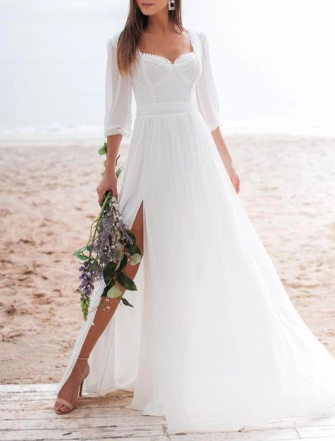 Wholesa Beach Little White Dresses Wedding Dresses A-Line Square Neck Long Sleeve Floor Length Chiffon Bridal Gowns With Ruched Split Front
