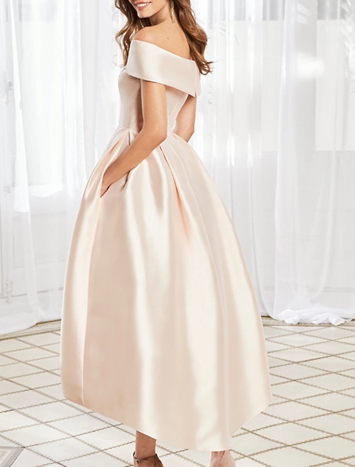 Wholesa A-Line Mother of the Bride Dress Wedding Guest Elegant Off Shoulder Ankle Length Satin Short Sleeve with Pleats