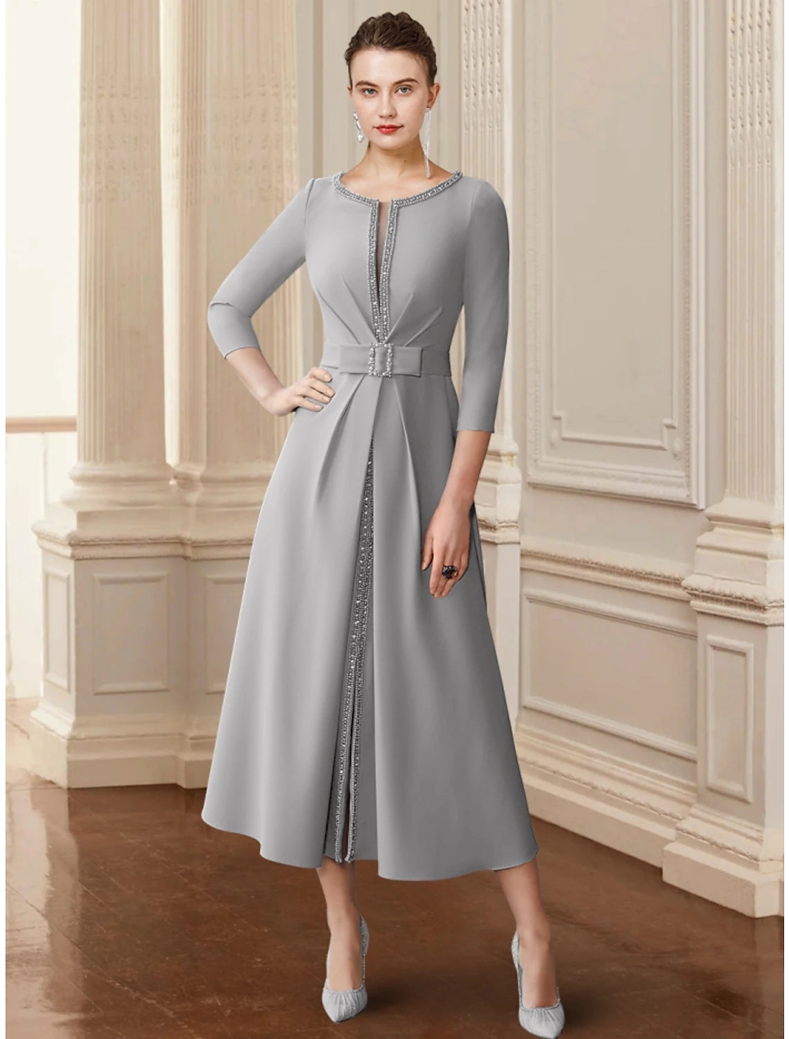 Wholesa  A-Line Mother of the Bride Dress Wedding Guest Elegant Scoop Neck Tea Length Stretch Chiffon 3/4 Length Sleeve with Bow(s) Sequin Ruching