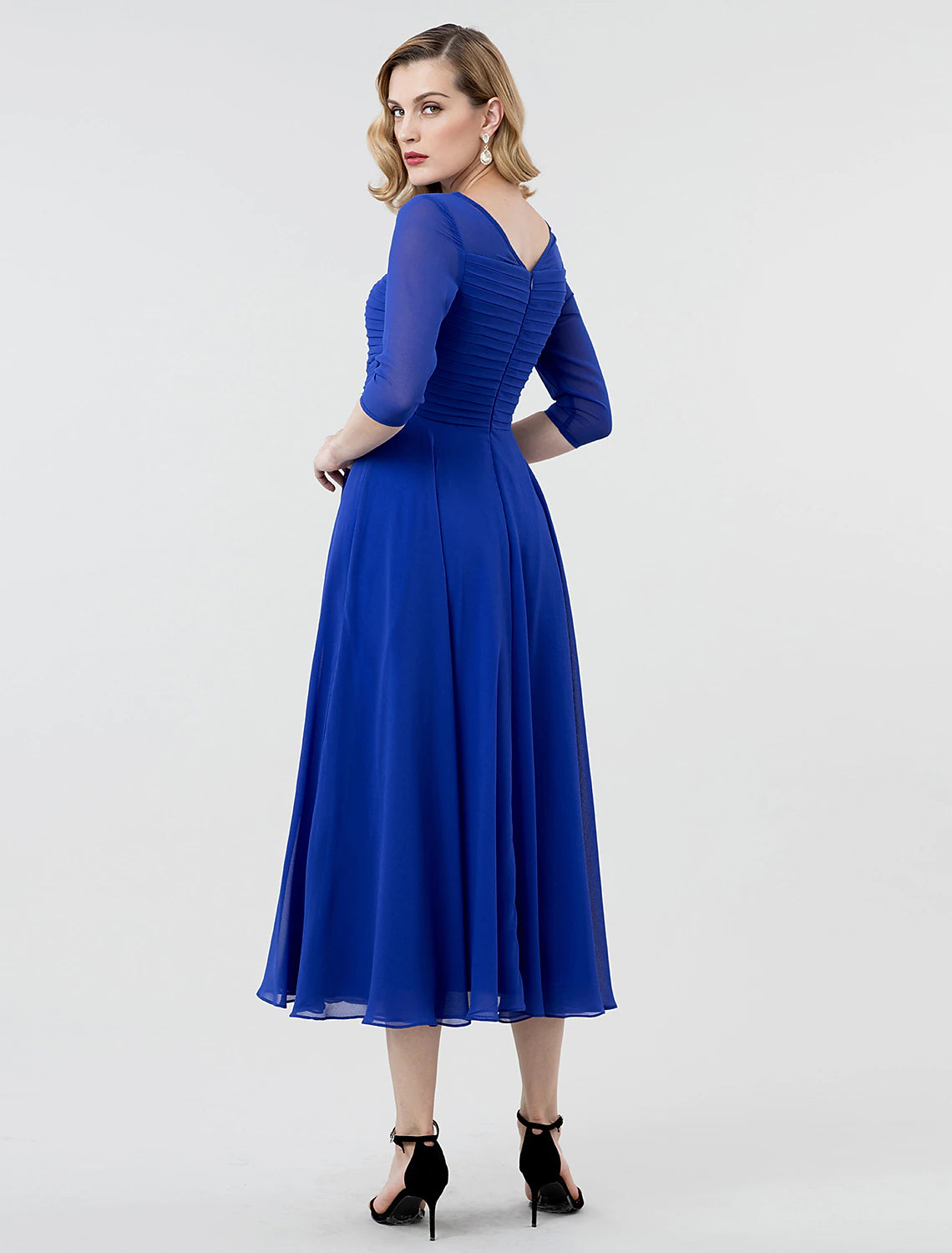 Wholesa A-Line Elegant Formal Evening Wedding Party Dress Boat Neck 3/4 Length Sleeve Tea Length Georgette with Ruched Crystal Brooch / Illusion Sleeve