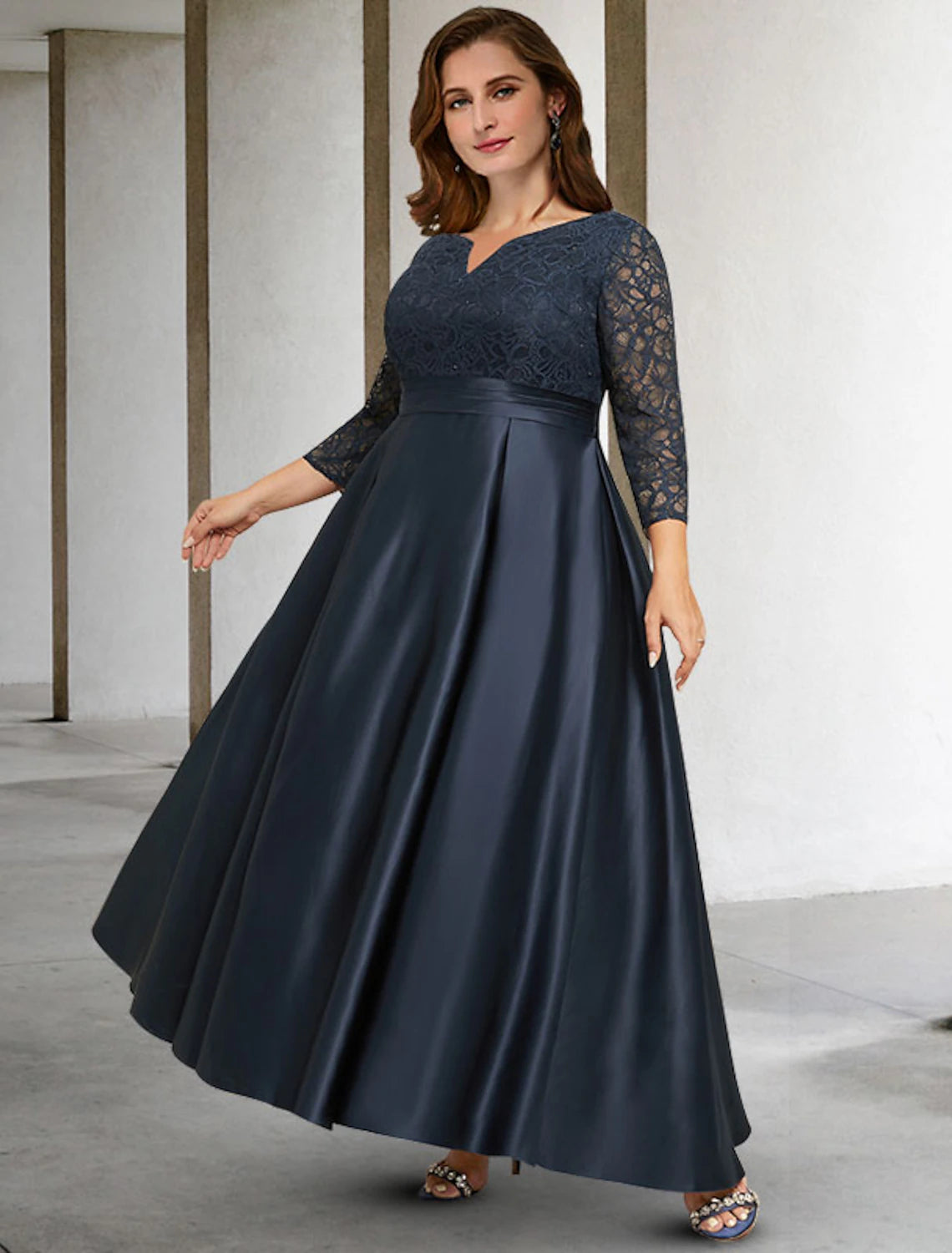 wholesale  A-Line Mother of the Bride Dresses Plus Size Hide Belly Curve Elegant Dress Formal Asymmetrical 3/4 Length Sleeve V Neck Satin with Pleats Ruched