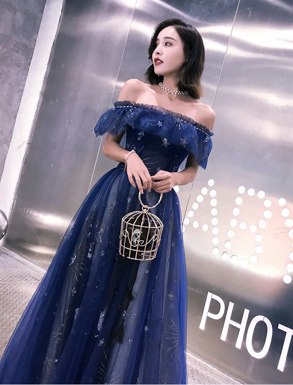 wholesale  A-Line Fairy Prom Dress Sparkle Party Dress Off Shoulder Short Sleeve Floor Length Tulle with Sequins Embroidery