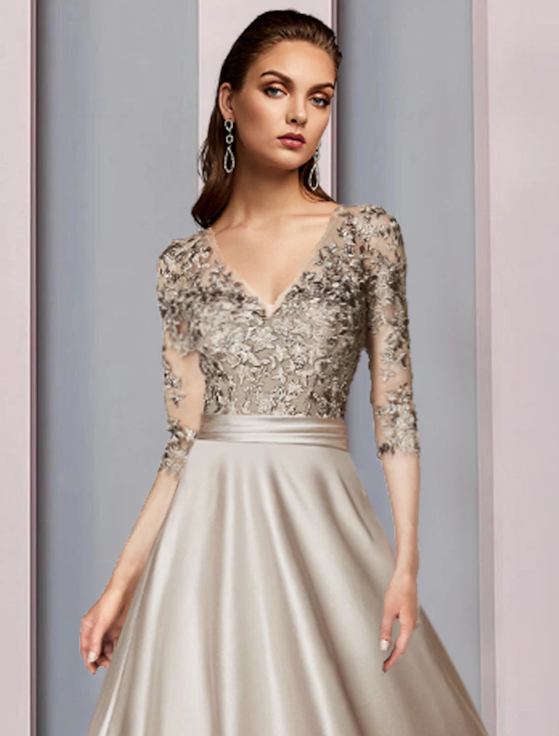 Wholesa A-Line Mother of the Bride Dress Wedding Guest Elegant V Neck Tea Length Satin Lace Half Sleeve with Pleats Appliques
