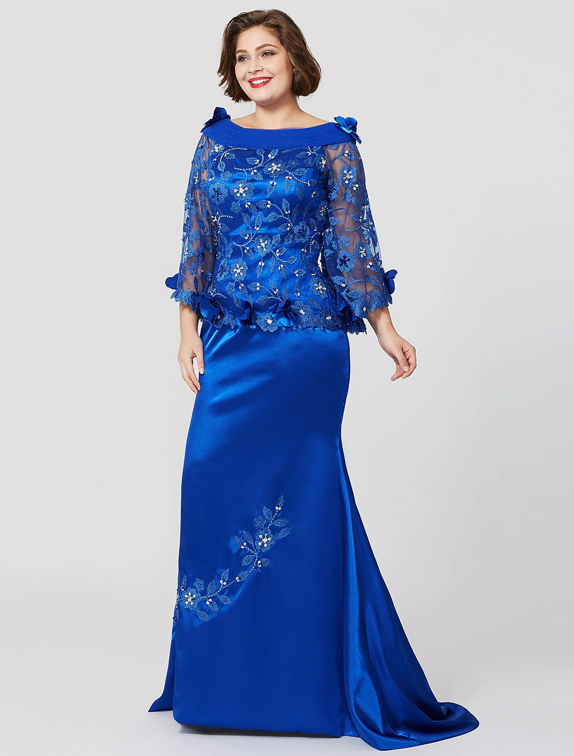 wholesale  Mermaid / Trumpet Mother of the Bride Dress Formal Plus Size Elegant Bateau Neck Sweep / Brush Train Lace Over Charmeuse Long Sleeve No with Pleats Ruffles