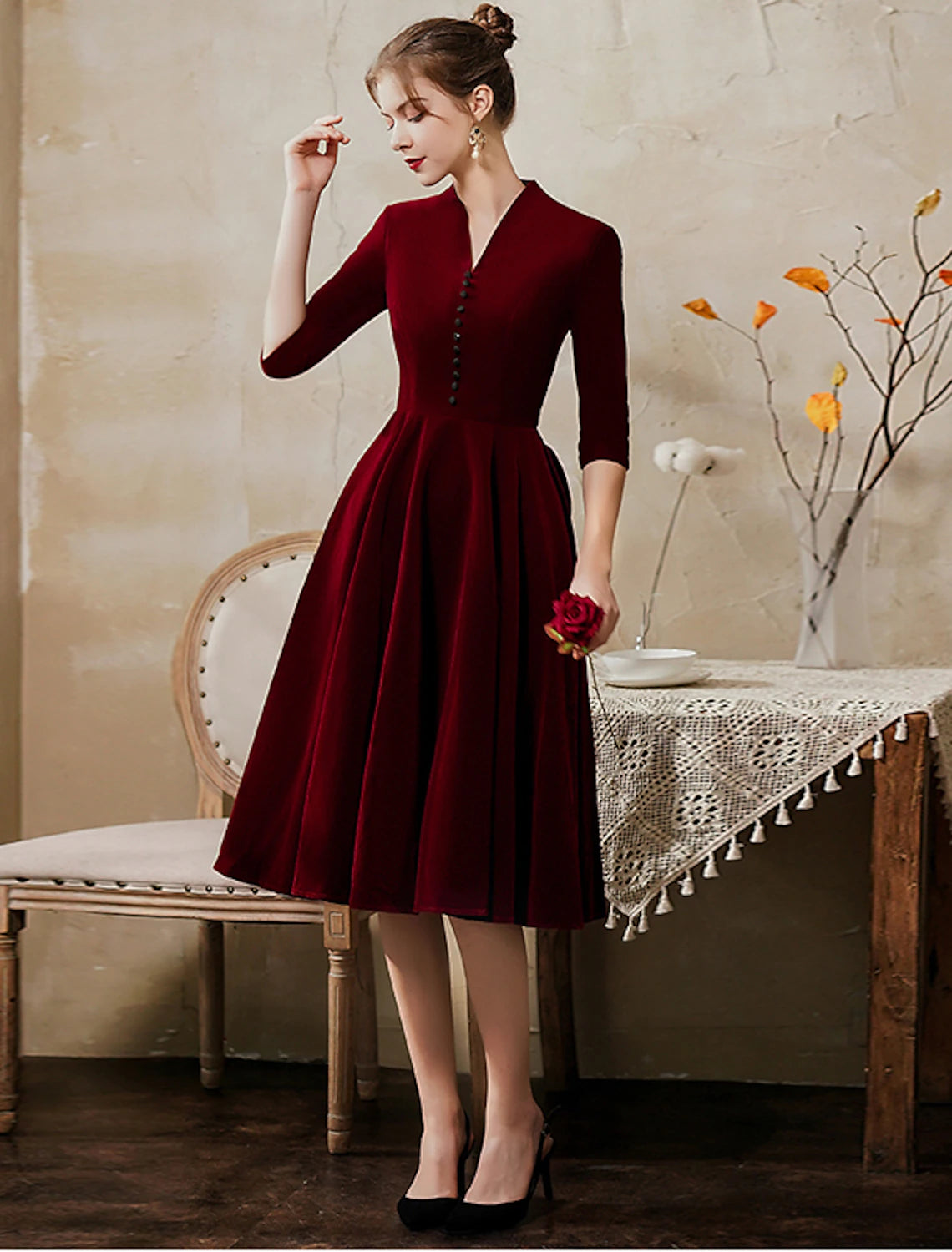 Wholesa A-Line Cocktail Dresses Vintage Dress Wedding Guest Party Wear Tea Length Half Sleeve V Neck Fall Wedding Guest Velvet with Sleek