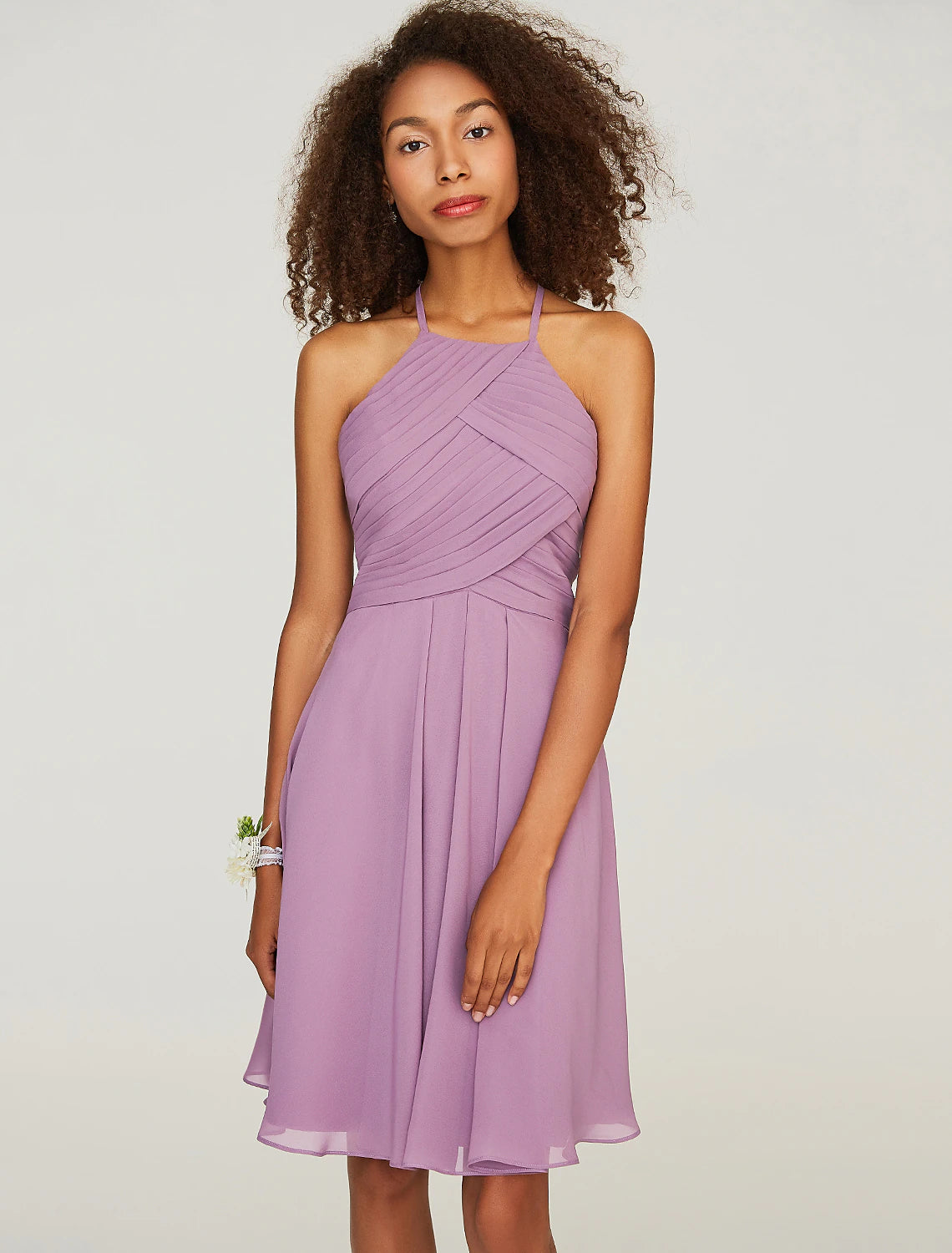 Wholesa  A-Line Bridesmaid Dress Halter Neck Sleeveless Keyhole Knee Length Chiffon with Ruffles