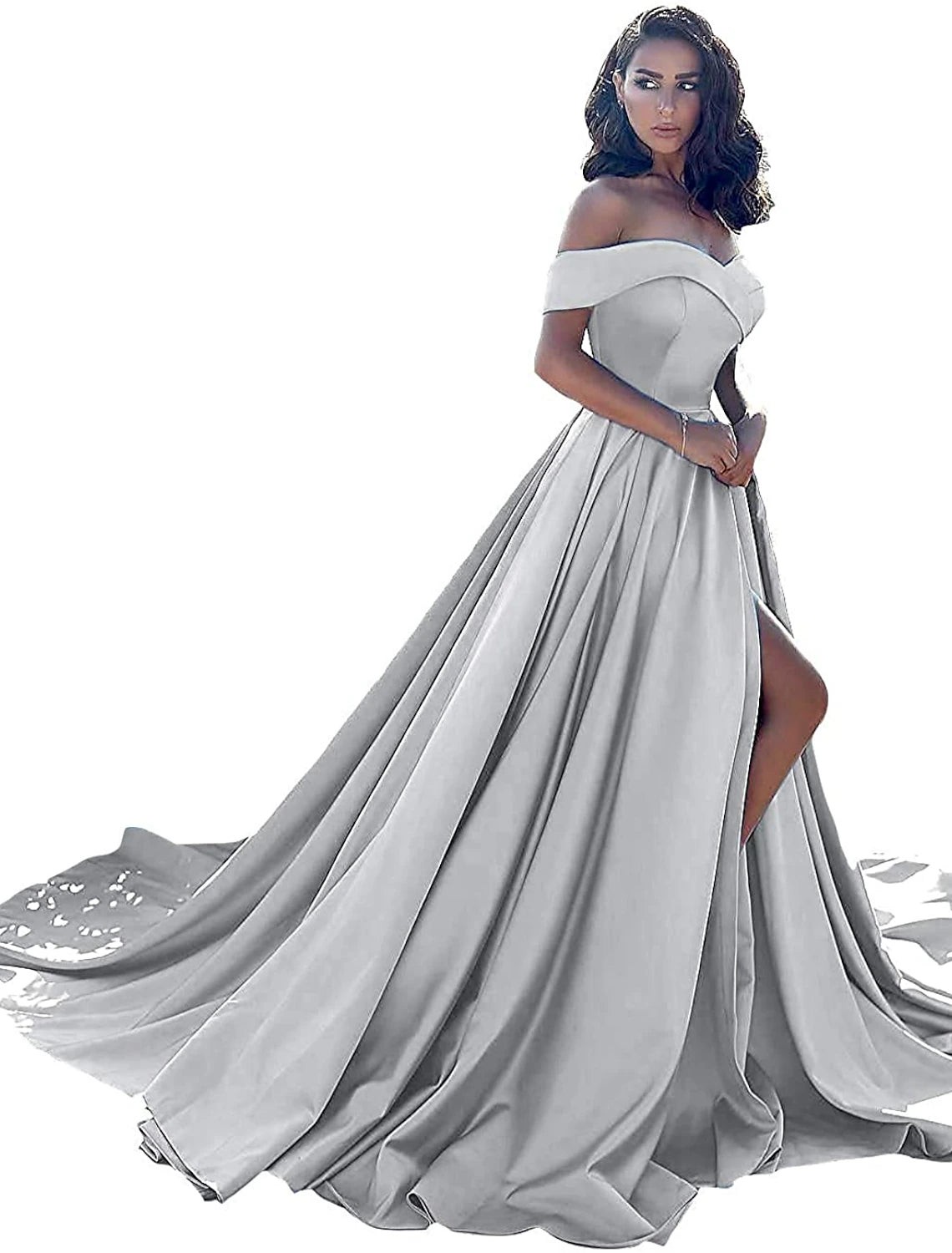 wholesa A-Line Minimalist Sexy Prom Formal Evening Dress Off Shoulder Sleeveless Chapel Train Satin with Split Front