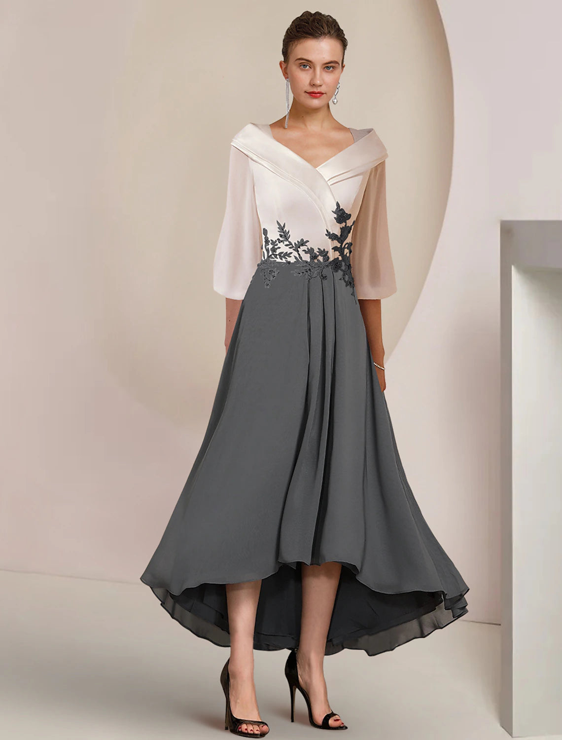 Wholesa  A-Line Mother of the Bride Dress Formal Wedding Guest Elegant High Low V Neck Asymmetrical Tea Length Chiffon Lace 3/4 Length Sleeve with Pleats Appliques Color Block