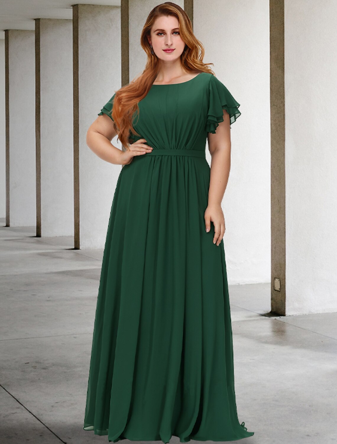wholesale  A-Line Mother of the Bride Dresses Plus Size Hide Belly Curve Elegant Dress Formal Floor Length Short Sleeve Jewel Neck Chiffon with Pleats