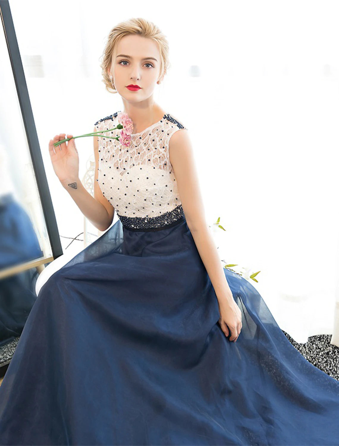 wholesa A-Line Beautiful Back Elegant Beaded & Sequin Prom Formal Evening Dress Illusion Neck Sleeveless Floor Length Tulle Over Lace with Beading