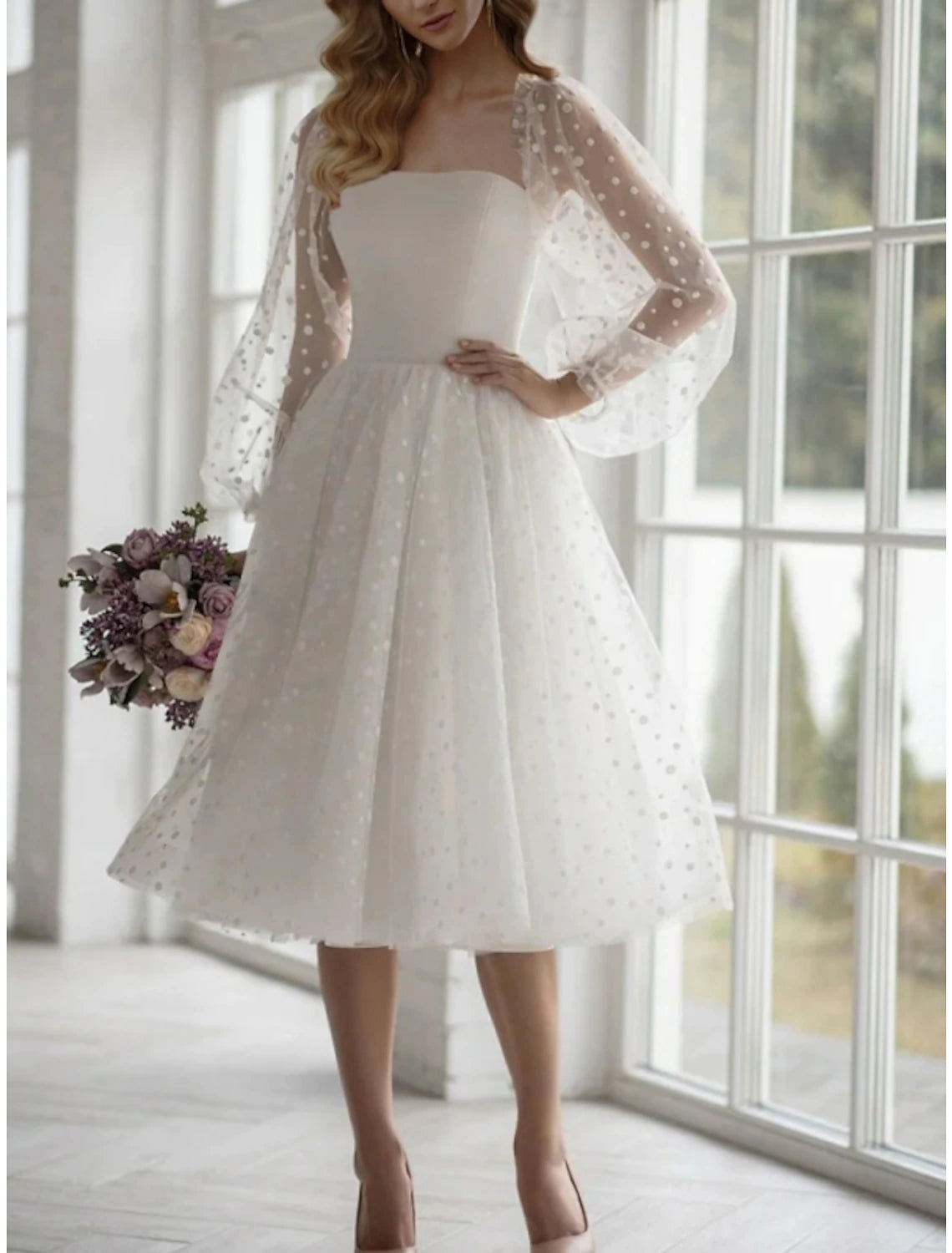 Wholesa Wedding Dresses Ball Gown Sweetheart Long Sleeve Tea Length Tulle Bridal Gowns With Pleats
