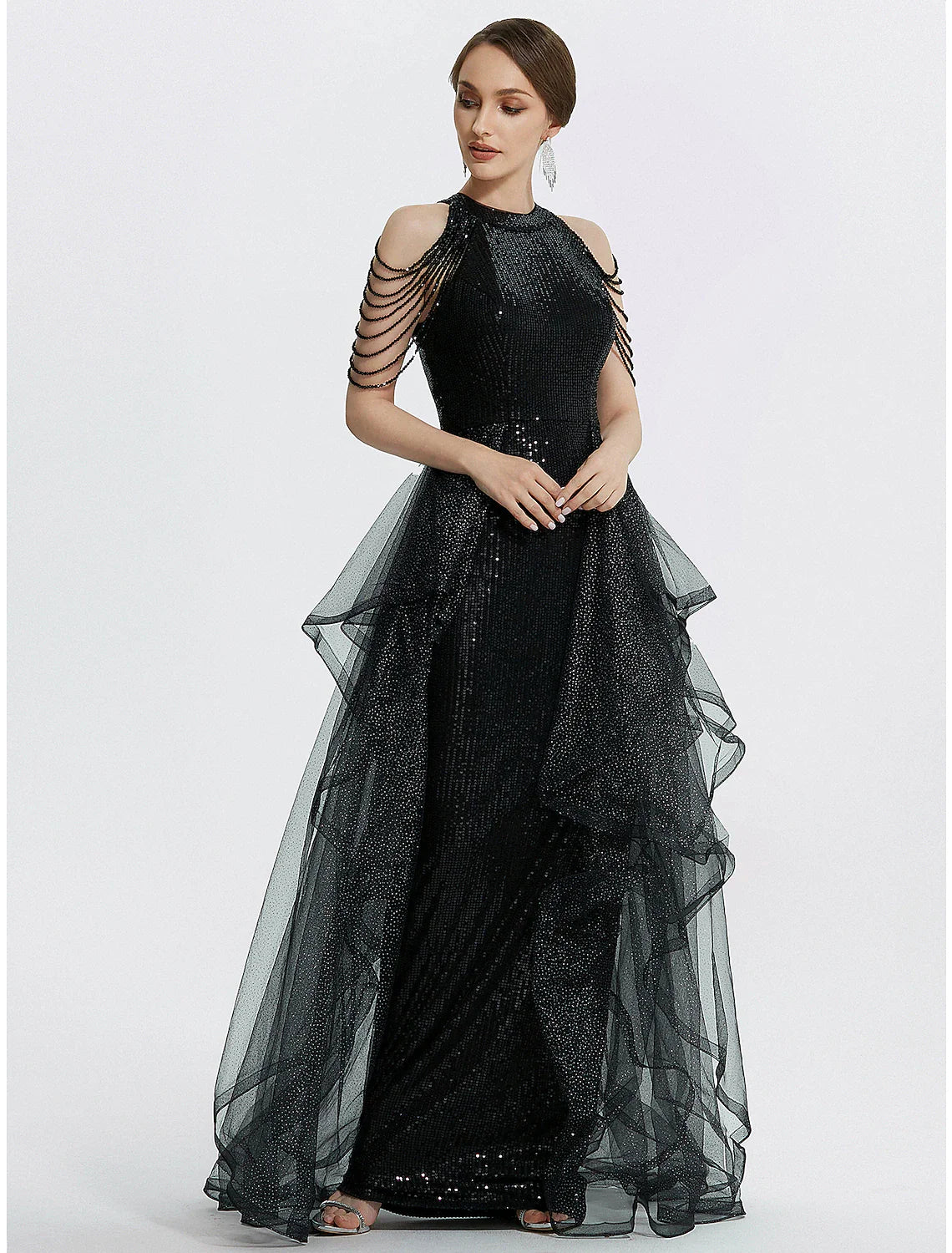 Wholesa Mermaid / Trumpet Prom Dresses Black Dress Dress Quinceanera Floor Length Short Sleeve Jewel Neck Tulle with Beading