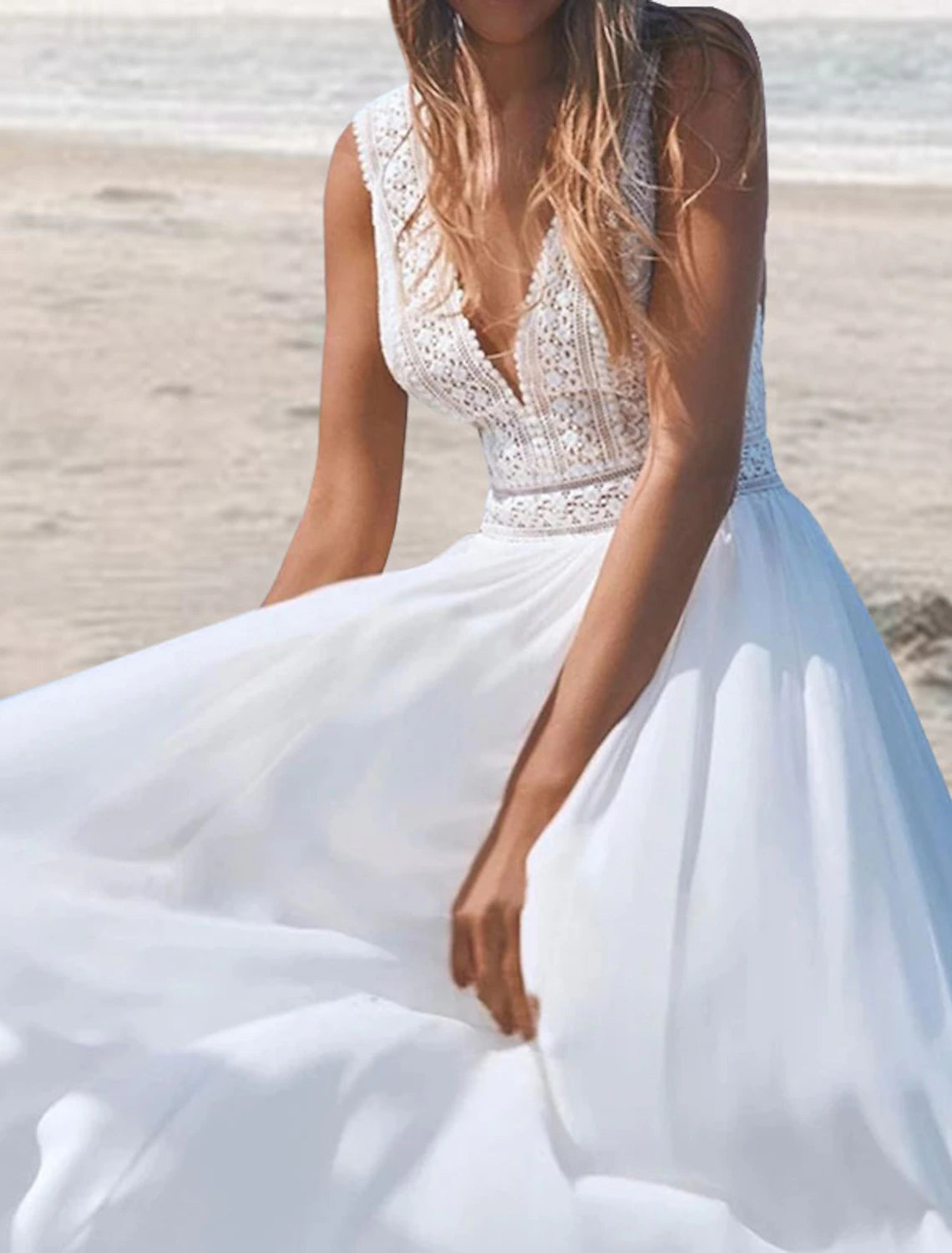 Wholesa  Beach Open Back Boho Wedding Dresses A-Line V Neck Sleeveless Floor Length Chiffon Bridal Gowns