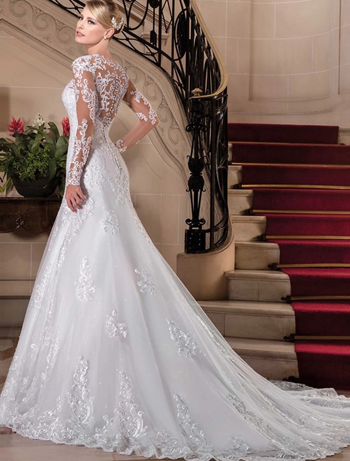 wholesale  Engagement Formal Fall Wedding Dresses Mermaid / Trumpet Sweetheart Long Sleeve Court Train Lace Bridal Gowns With Beading