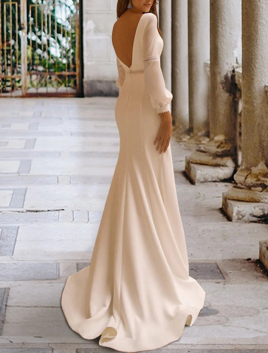 Wholesa Hall Open Back Casual Wedding Dresses Mermaid / Trumpet Scoop Neck Long Sleeve Sweep / Brush Train Stretch Fabric Bridal Gowns With Beading Summer Fall Wedding Party