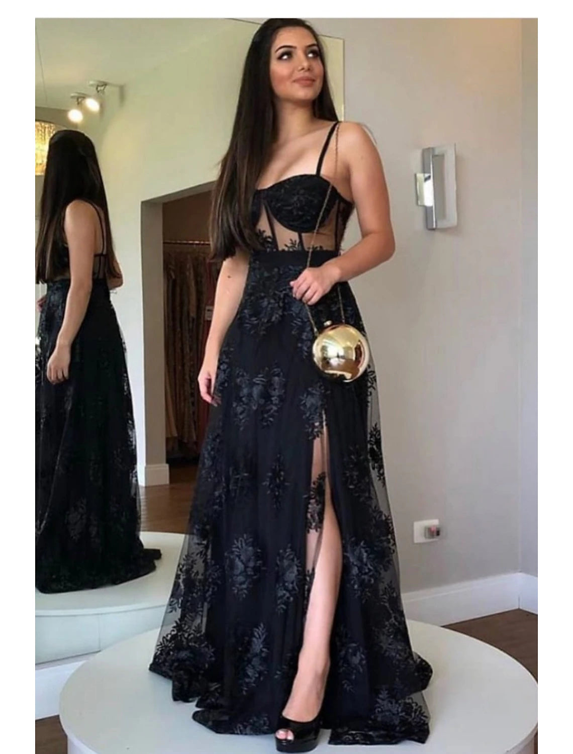 Wholesa A-Line Prom Dresses Cut Out Dress Party Wear Wedding Party Floor Length Sleeveless Sweetheart Wednesday Addams Family Lace Backless with Slit Appliques