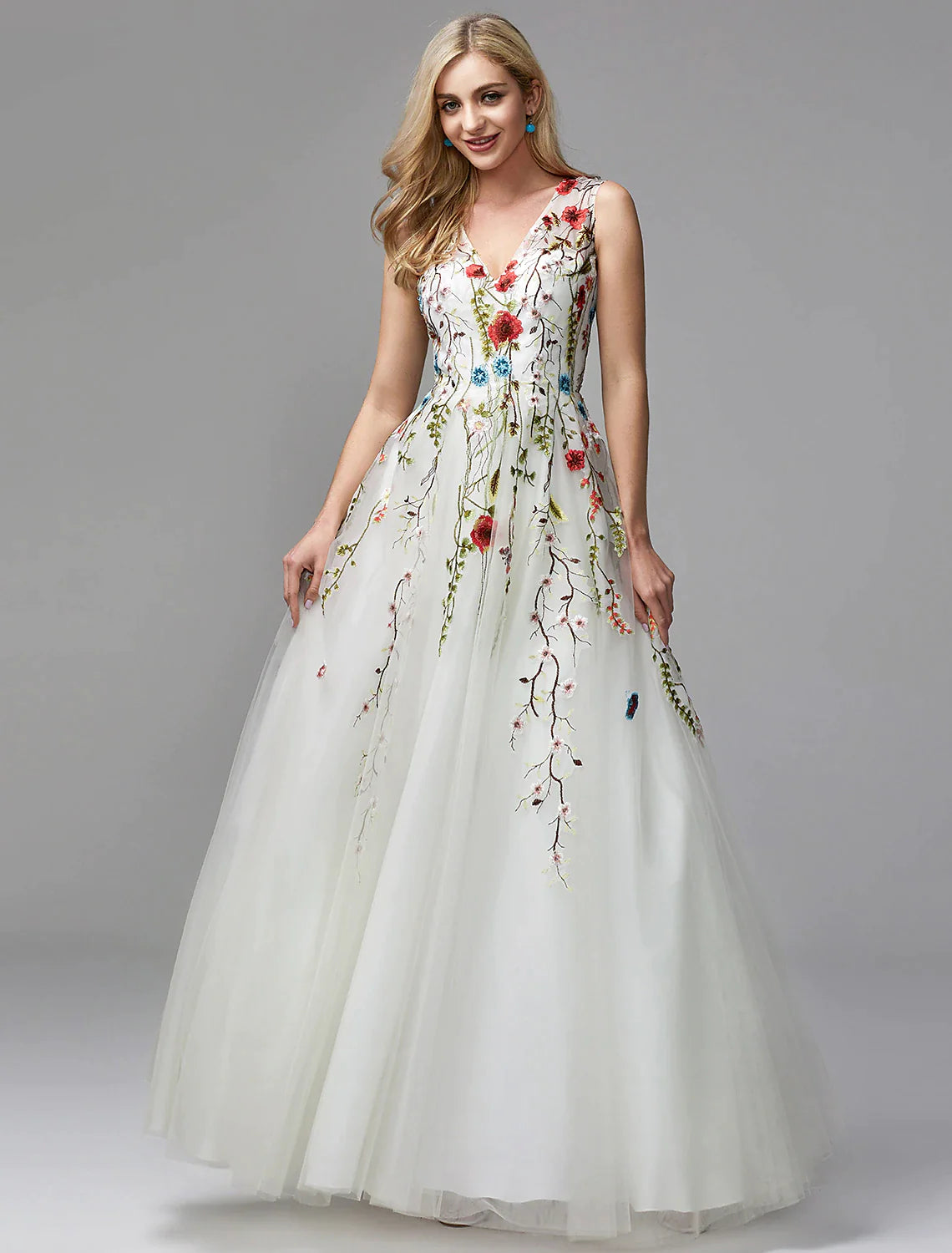 Wholesa A-Line Special Occasion Dresses Floral Dress Valentine's Day Wedding Guest Floor Length Sleeveless V Neck Lace with Embroidery Appliques