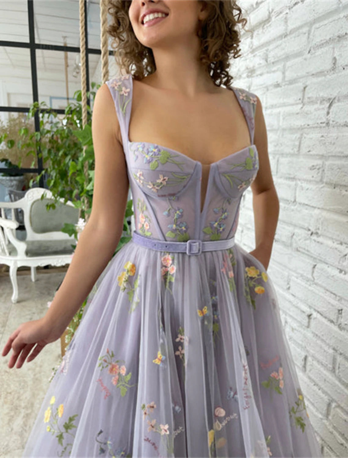 Wholesa A-Line Prom Dresses Floral Dress Formal Evening Birthday Floor Length Short Sleeve Square Neck Fall Wedding Guest Lace with Pleats Appliques