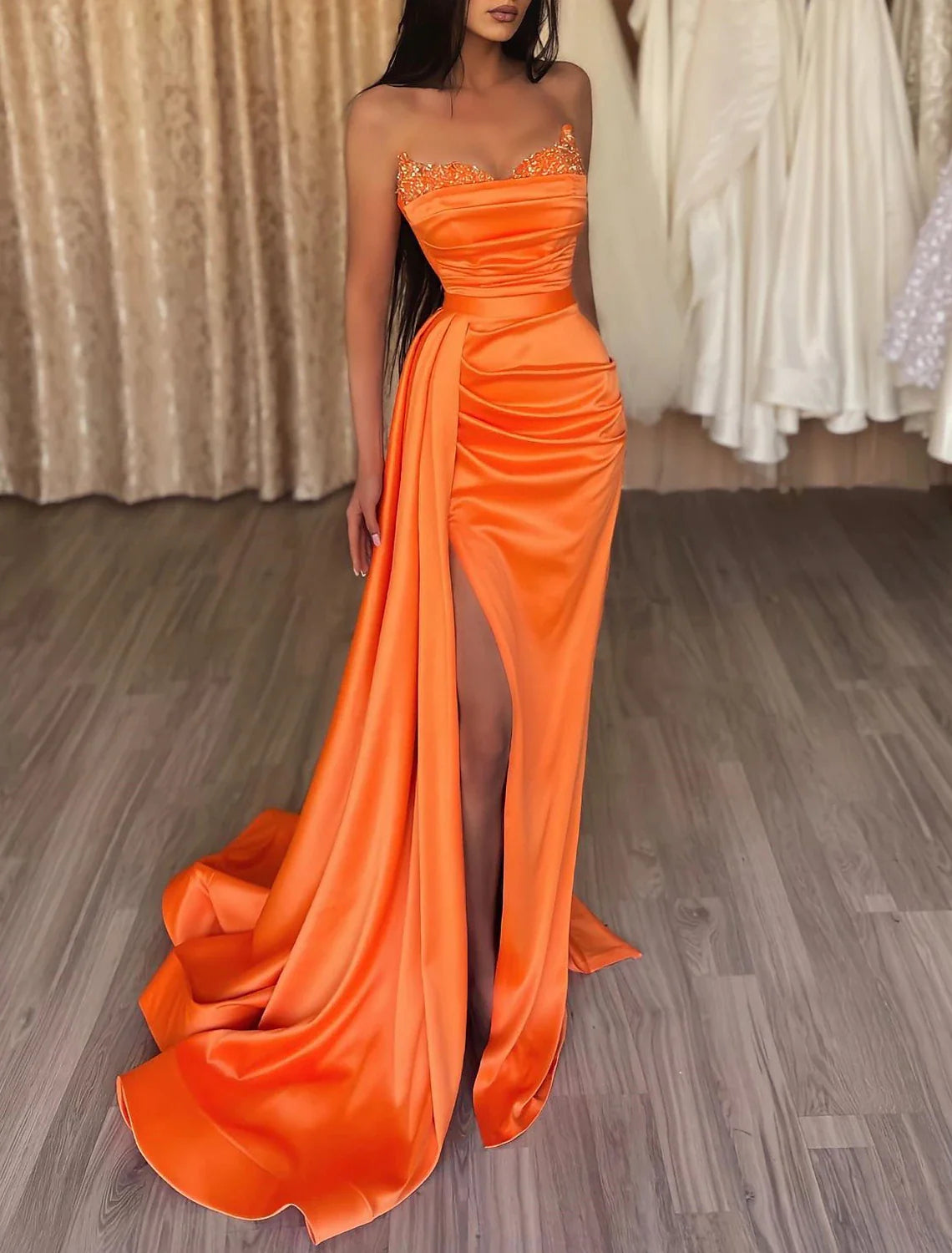 Wholesa Mermaid Ruched Evening Gown Satin Dress Cocktail Party Prom Court Train Sleeveless Strapless Bridesmaid Dress with Beading Sequin Pure Color