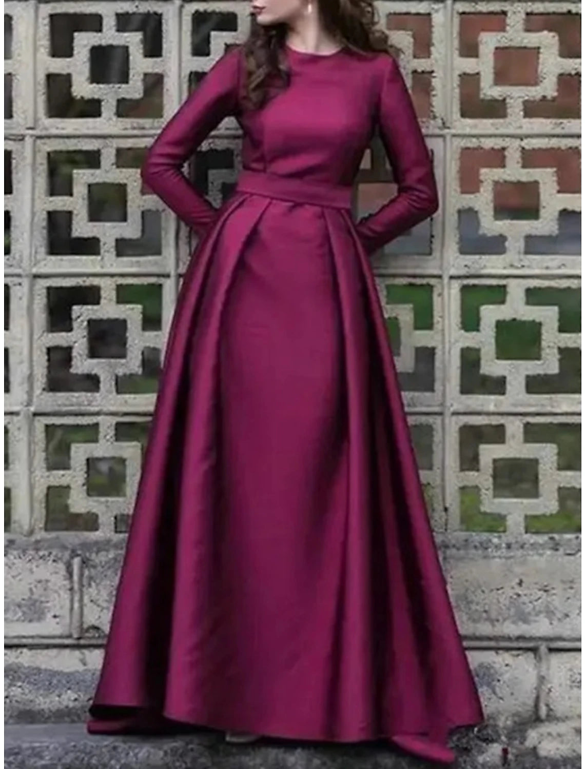 Wholesa A-Line Mother of the Bride Dress Wedding Guest Elegant Jewel Neck Sweep / Brush Train Satin Long Sleeve with Ruching Solid Color