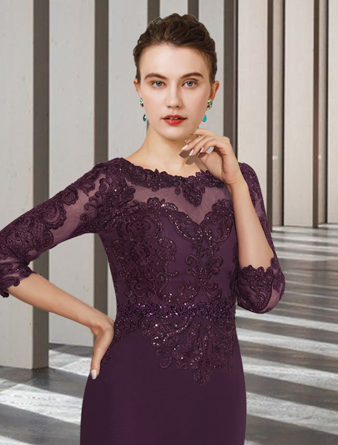 wholesale  Two Piece A-Line Mother of the Bride Dress Church Elegant Jewel Neck Knee Length Chiffon Lace 3/4 Length Sleeve Jacket Dresses with Beading Appliques
