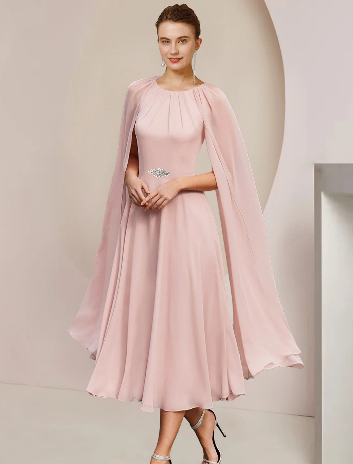 wholesale  A-Line Mother of the Bride Dress Wedding Guest Party Elegant Scoop Neck Tea Length Chiffon Sleeveless with Pleats Crystal Brooch