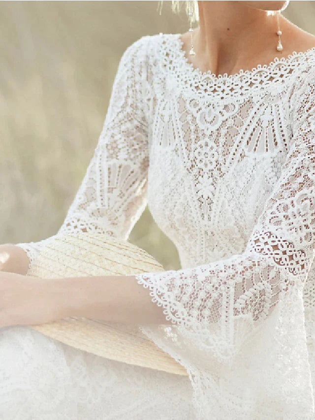 Wholesa Beach Boho Wedding Dresses Court Train A-Line Long Sleeve Jewel Neck Lace With Lace Solid Color