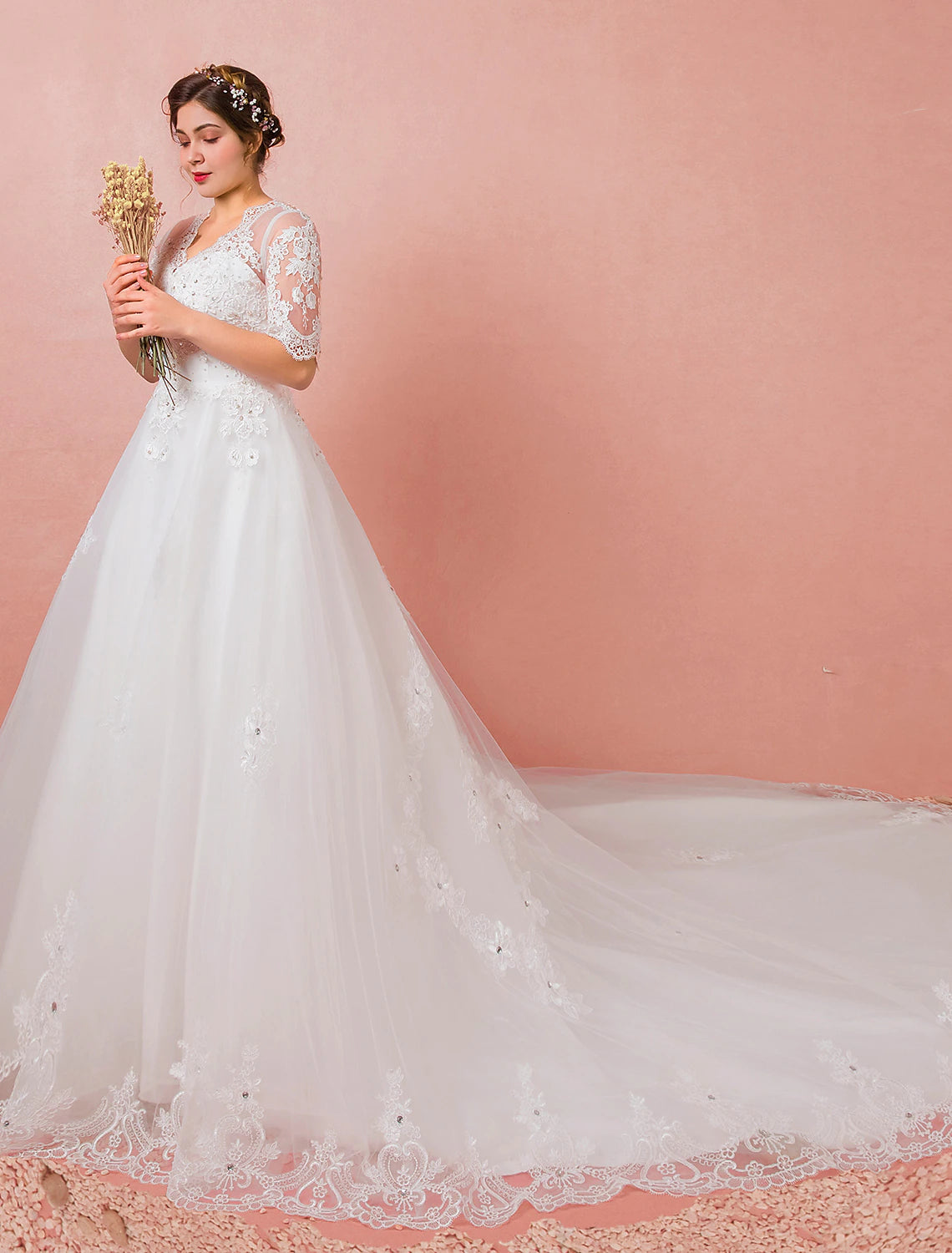 wholesale  Hall Wedding Dresses A-Line V Neck Half Sleeve Cathedral Train Satin Bridal Gowns With Lace Crystals