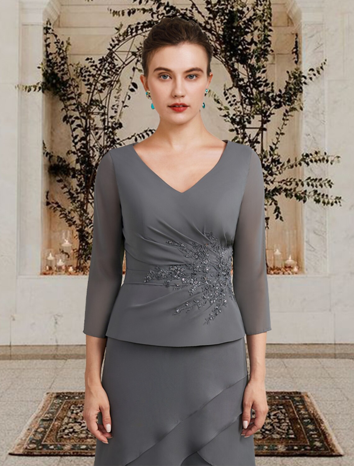 wholesale  A-Line Mother of the Bride Dress Plus Size Elegant High Low V Neck Asymmetrical Tea Length Chiffon 3/4 Length Sleeve with Appliques Cascading Ruffles Side-Draped