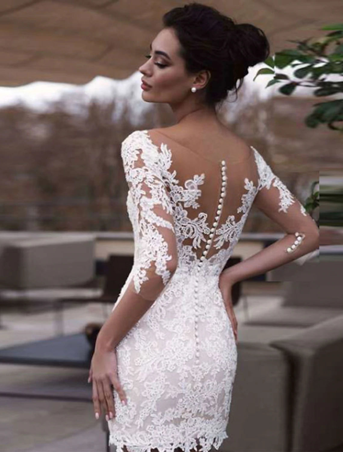wholesale  Reception Little White Dresses Wedding Dresses Sheath / Column Illusion Neck Half Sleeve Short / Mini Lace Bridal Gowns With Appliques
