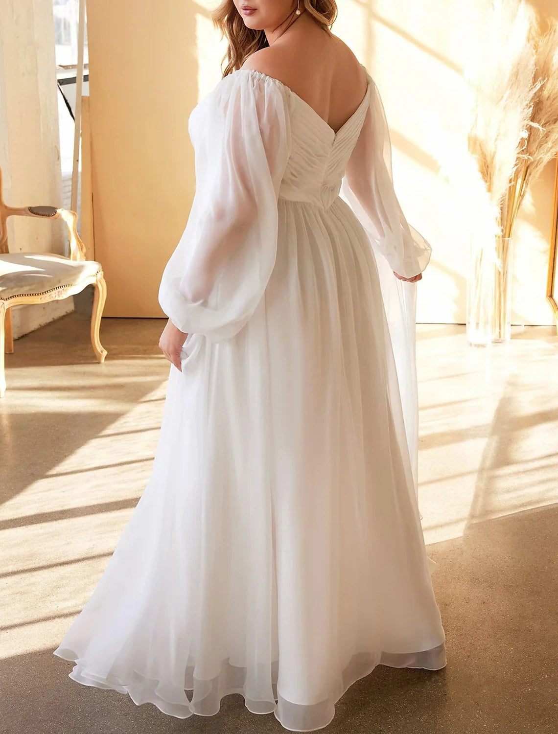 Wholesa Beach Simple Wedding Dresses A-Line Off Shoulder Long Sleeve Floor Length Chiffon Bridal Gowns With Pleats Solid Color Summer Wedding Party