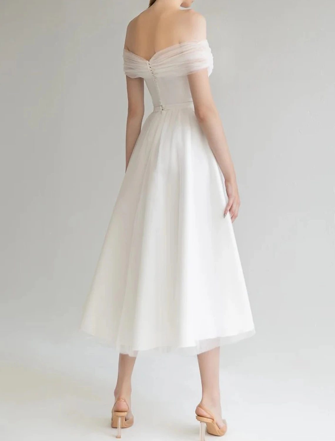 Wholesa Bridal Shower Little White Dresses Wedding Dresses A-Line Off Shoulder Sleeveless Tea Length Satin Bridal Gowns With Solid Color