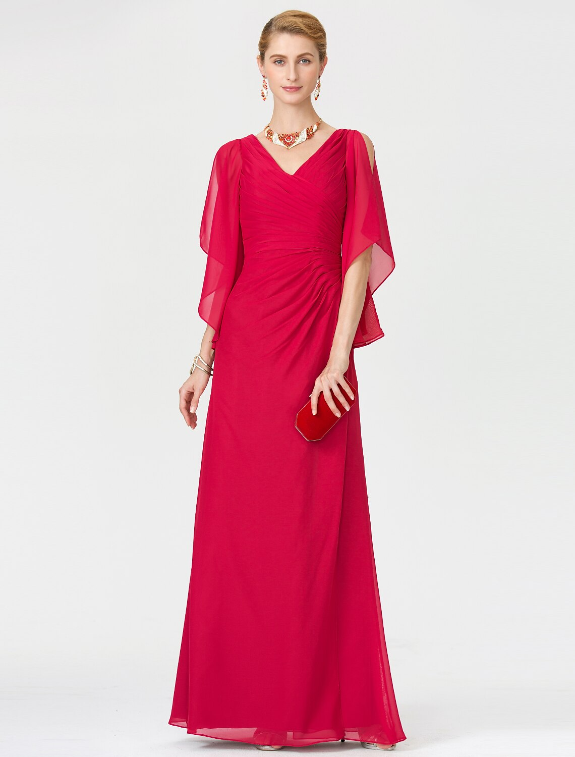 wholesale  Sheath / Column Mother of the Bride Dress Furcal V Neck Floor Length Chiffon Half Sleeve No with Criss Cross Split Front