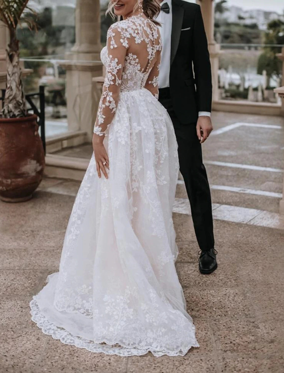 Wholesa Beach Formal Wedding Dresses A-Line Illusion Neck Long Sleeve Sweep / Brush Train Lace Bridal Gowns With Pleats Solid Color