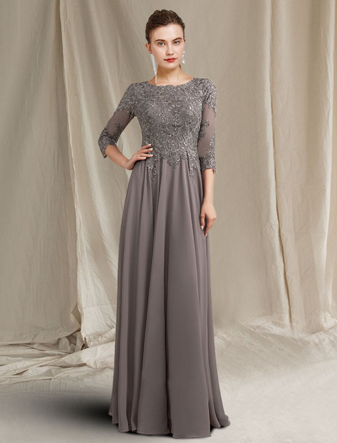 wholesale  Sheath / Column Mother of the Bride Dress Plus Size Elegant Jewel Neck Floor Length Chiffon Lace 3/4 Length Sleeve with Pleats Appliques