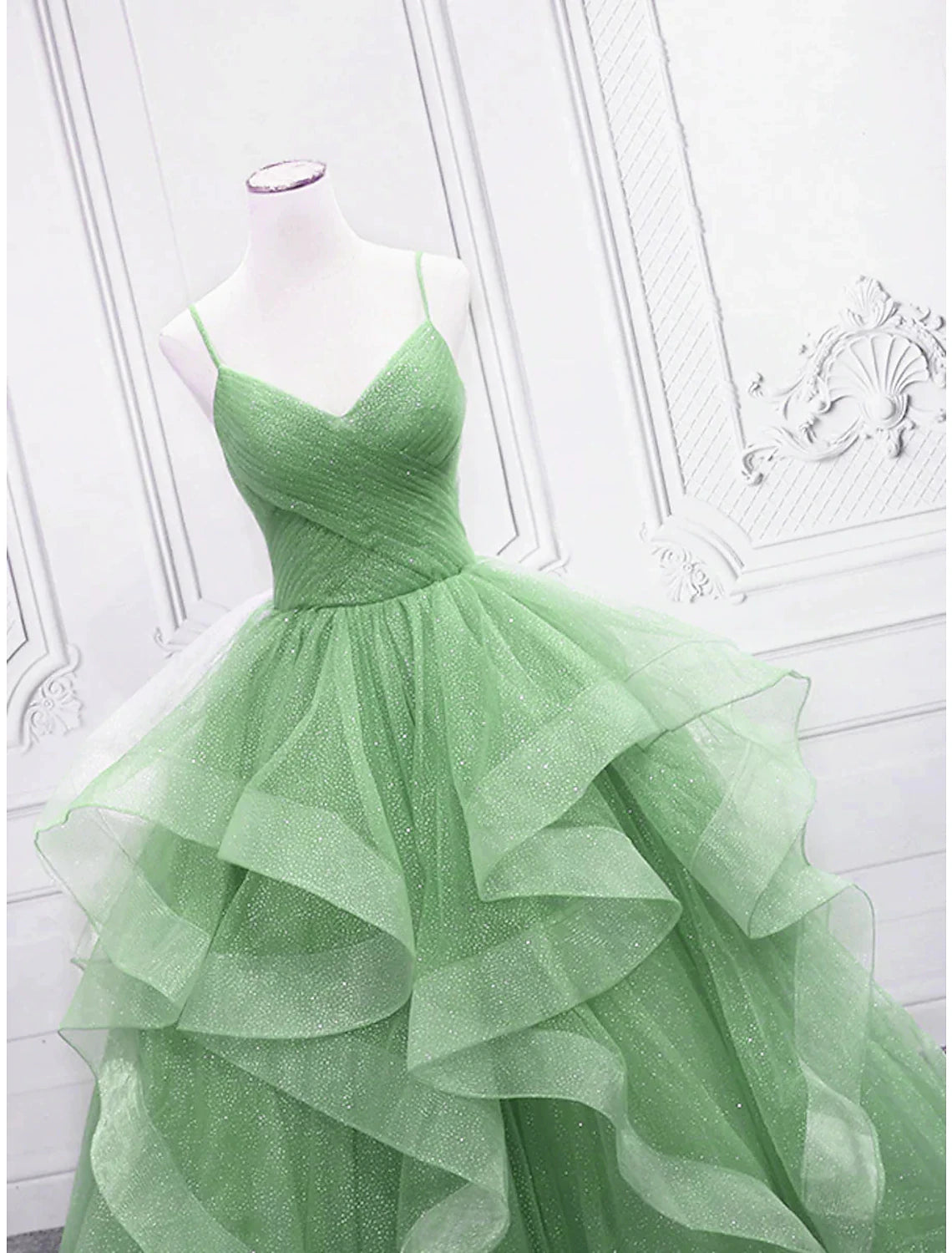 wholesale  Ball Gown Prom Dresses Glittering Dress Formal Prom Floor Length Sleeveless V Neck Tulle with Glitter Ruffles
