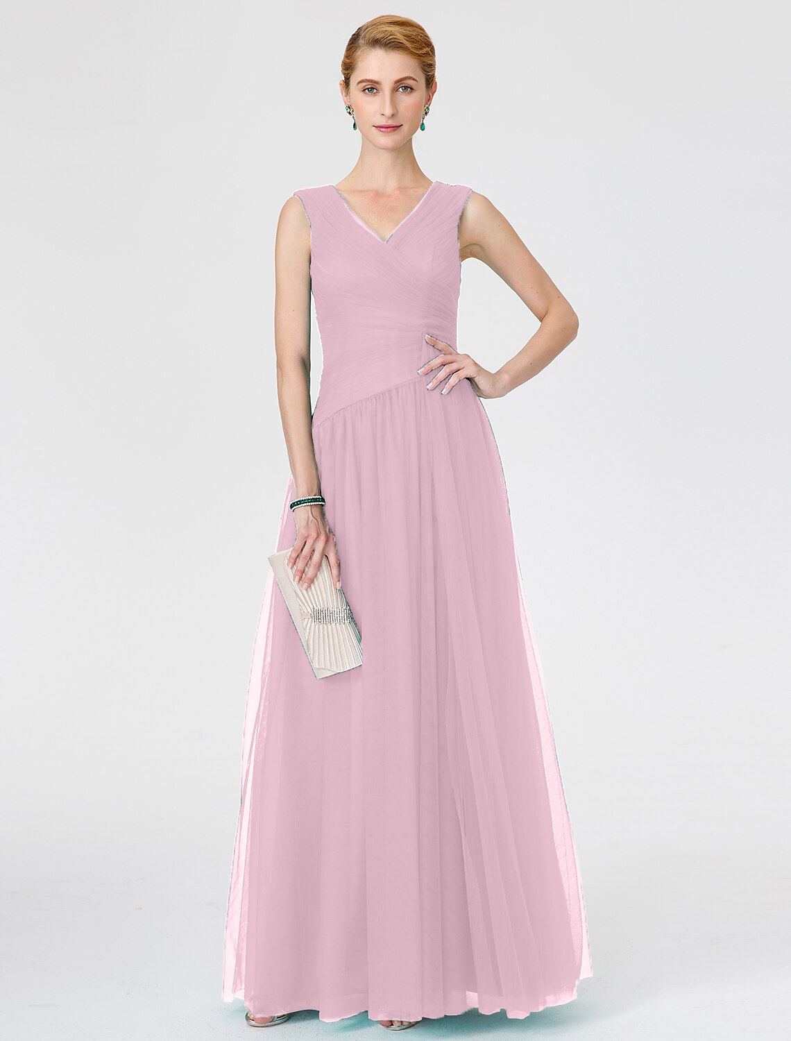 wholesale  Princess Mother of the Bride Dress Elegant V Neck Floor Length Tulle Sleeveless No with Criss Cross Ruched