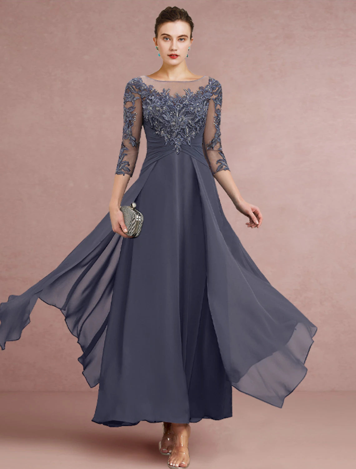 wholesale  Sheath / Column Mother of the Bride Dress Wedding Guest Simple Elegant Jewel Neck Ankle Length Chiffon Lace 3/4 Length Sleeve with Pleats Sequin