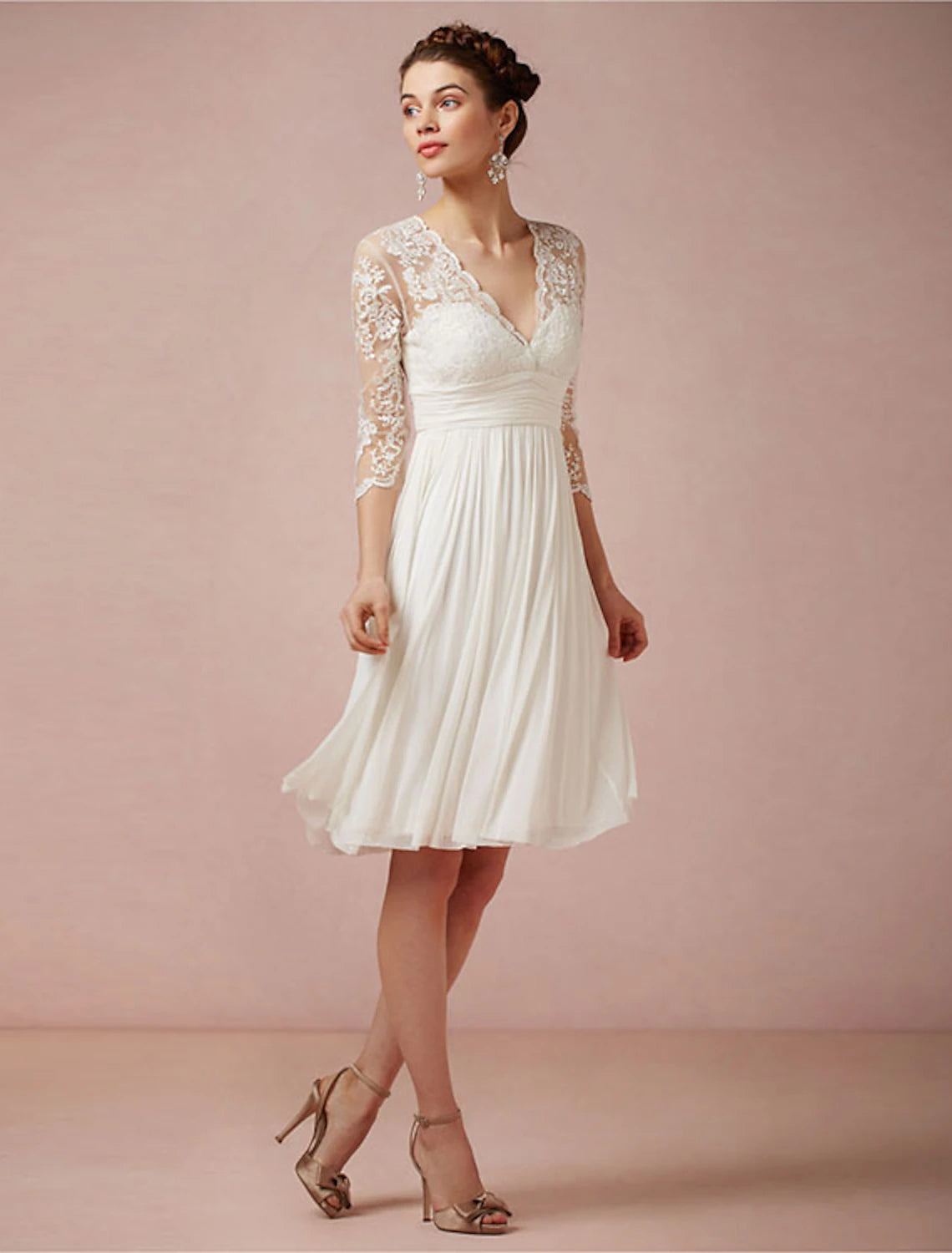 wholesale  Reception Fall Wedding Dresses Open Back Little White Dresses A-Line V Neck 3/4 Length Sleeve Knee Length Chiffon Bridal Gowns With Ruched Summer Wedding Party