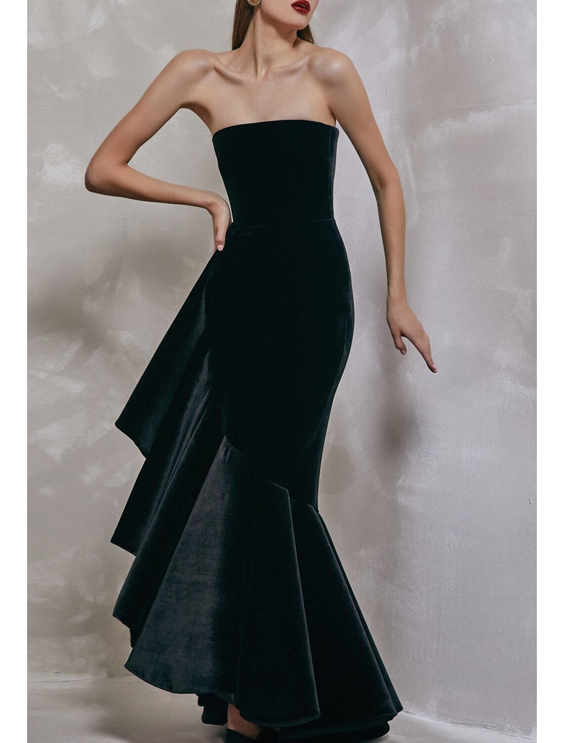 wholesale  Mermaid / Trumpet Prom Dresses Little Black Dress Dress Prom Formal Evening Floor Length Sleeveless Strapless Velvet with Ruffles Pure Color