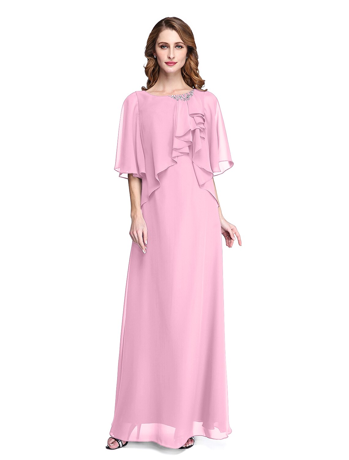 wholesale  Sheath / Column Mother of the Bride Dress Elegant Open Back Jewel Neck Floor Length Chiffon Half Sleeve with Pleats Beading Ruffle