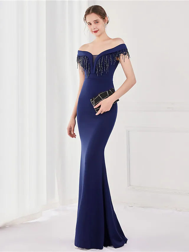 Wholesa Mermaid / Trumpet Elegant Sexy Wedding Guest Formal Evening Dress Off Shoulder V Back Short Sleeve Floor Length Satin with Tassel