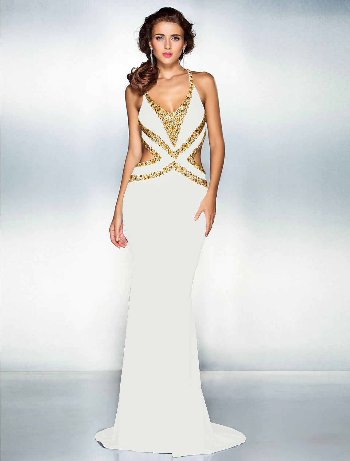 Wholesa Mermaid / Trumpet Sparkle Dress Wedding Guest Engagement Sweep / Brush Train Sleeveless V Neck Jersey Crisscross Back with Crystals